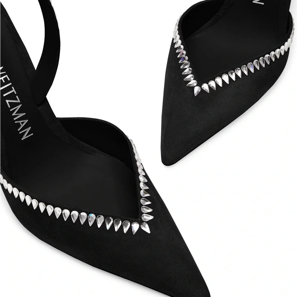 Stuart Weitzman Women’s Black Pointed Slingback Pump with Crystal Trim